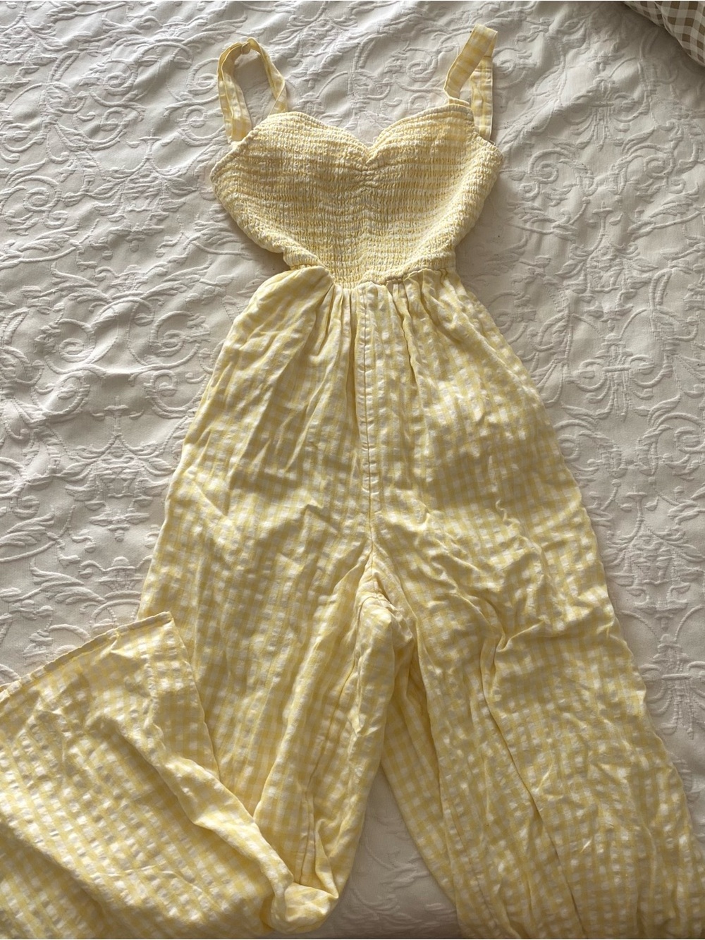AE butter yellow gingham jumpsuit